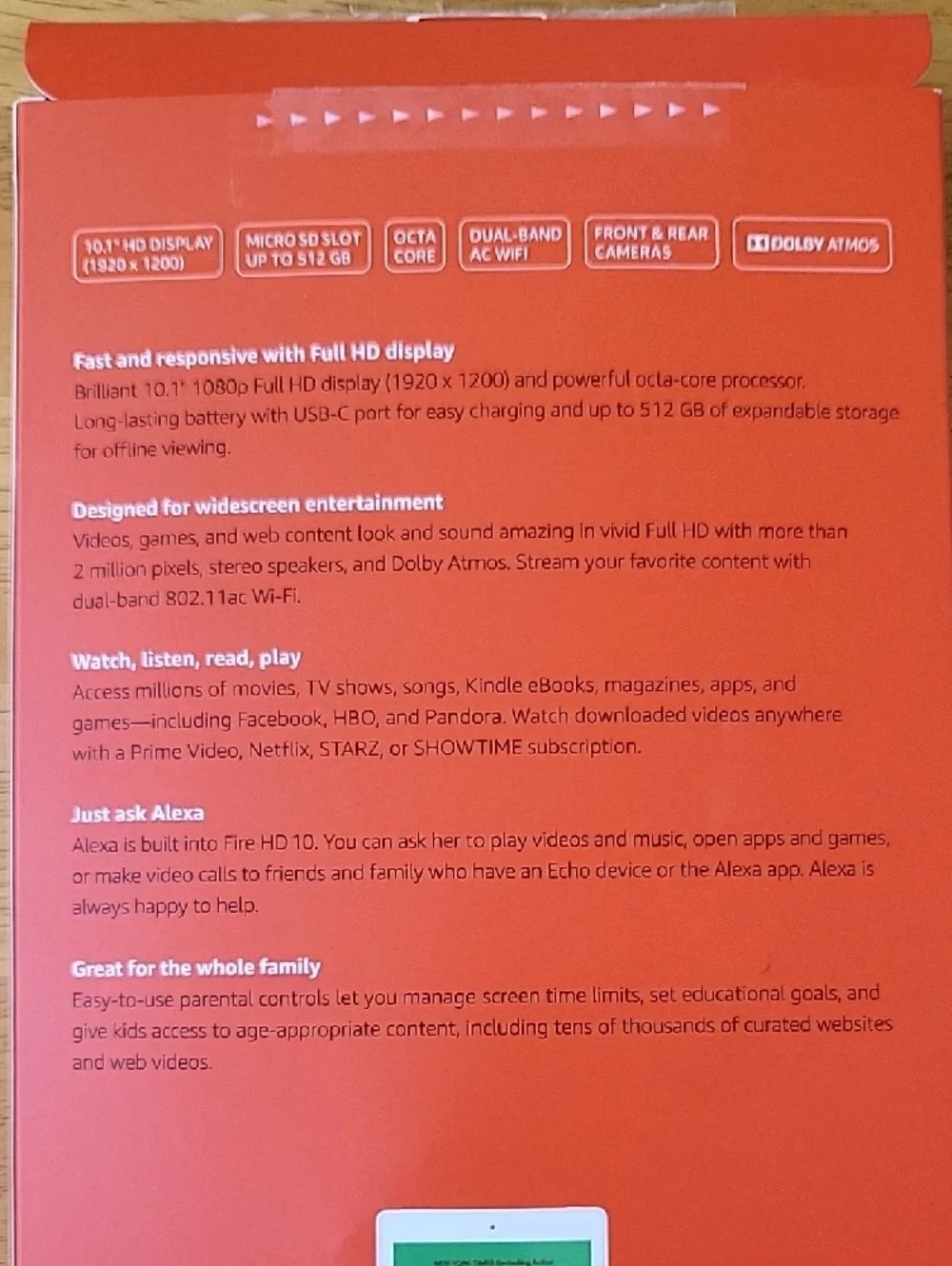 Amazon Fire HD10 Tablet in Black and Orange Packaging